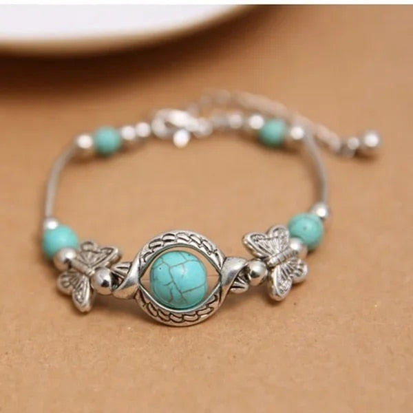 Butterfly Bracelet Carved Pattern Turquoise Hand Chain