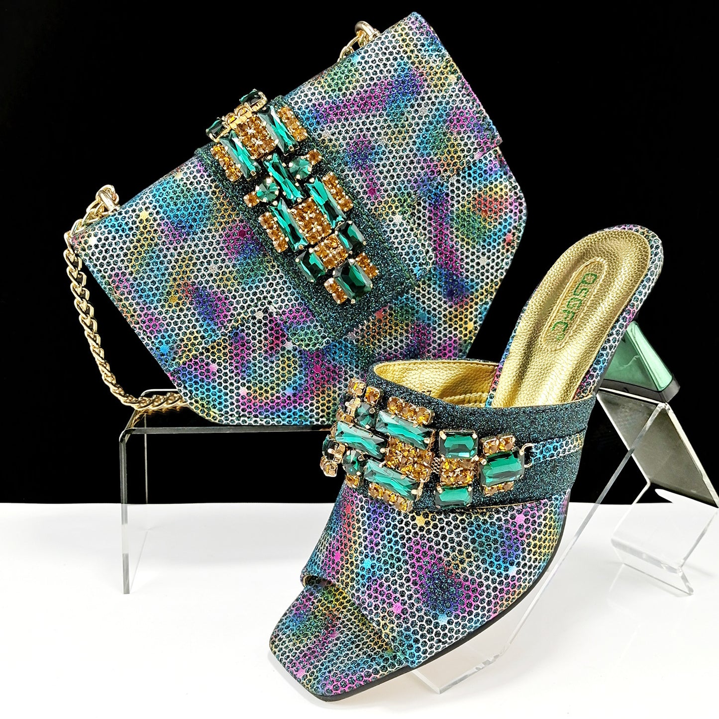 Women’s Camouflage High Heel Slippers and Bag Set – Decorative Drill Buckle Casual Shoe & Handbag Matching Set