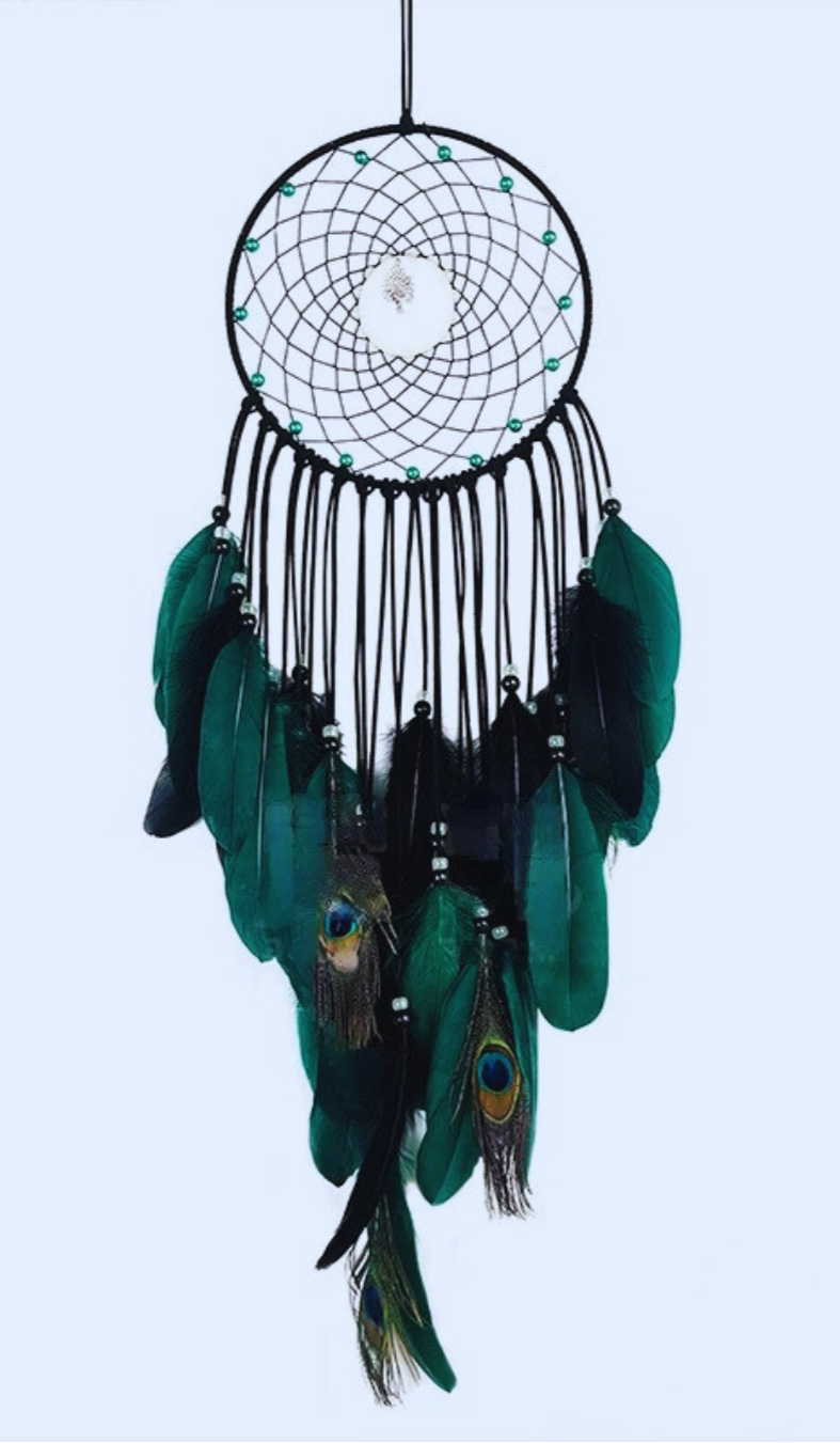 Peacock Feather Dream Catcher with Luminous Beads – Boho Wall Hanging & Wind Chime for Bedroom & Living Room Decor