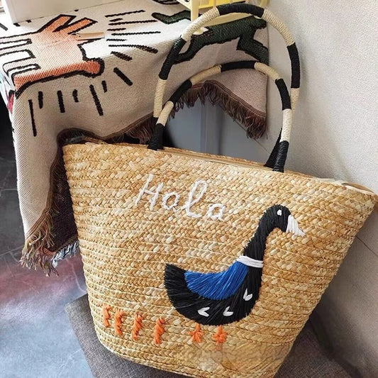 Handwoven Straw Tote Basket Bag for Women – Vintage Shoulder Handbag