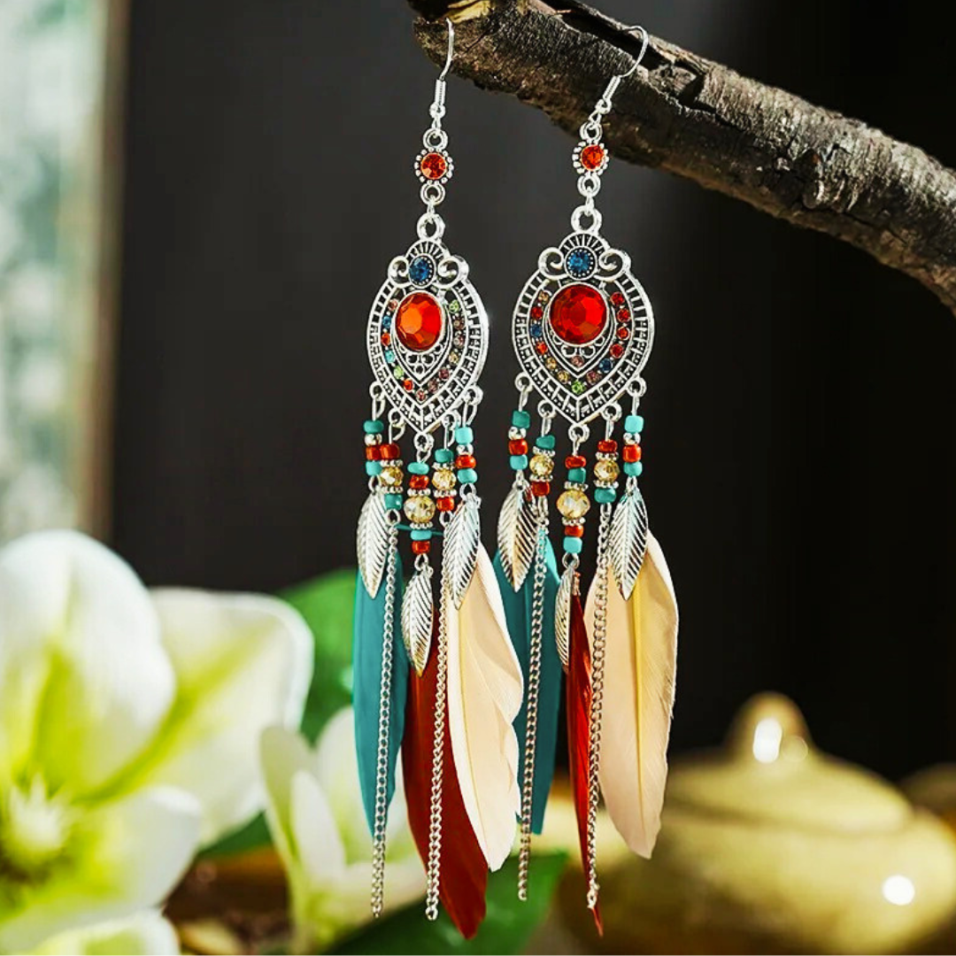 Boho Feather Long Leaf Earrings