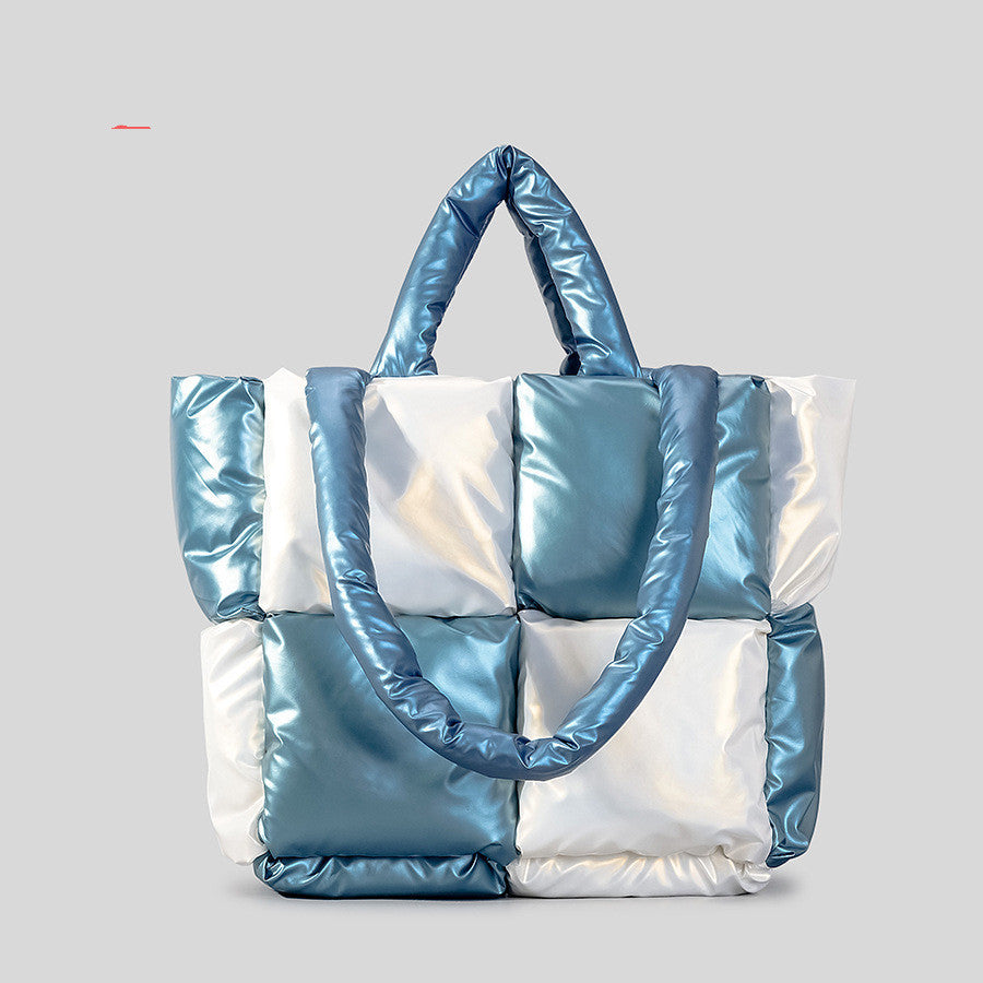 Winter Down Cotton-Padded Tote Bag – Women’s Soft Plaid Shoulder Handbag for Daily Use