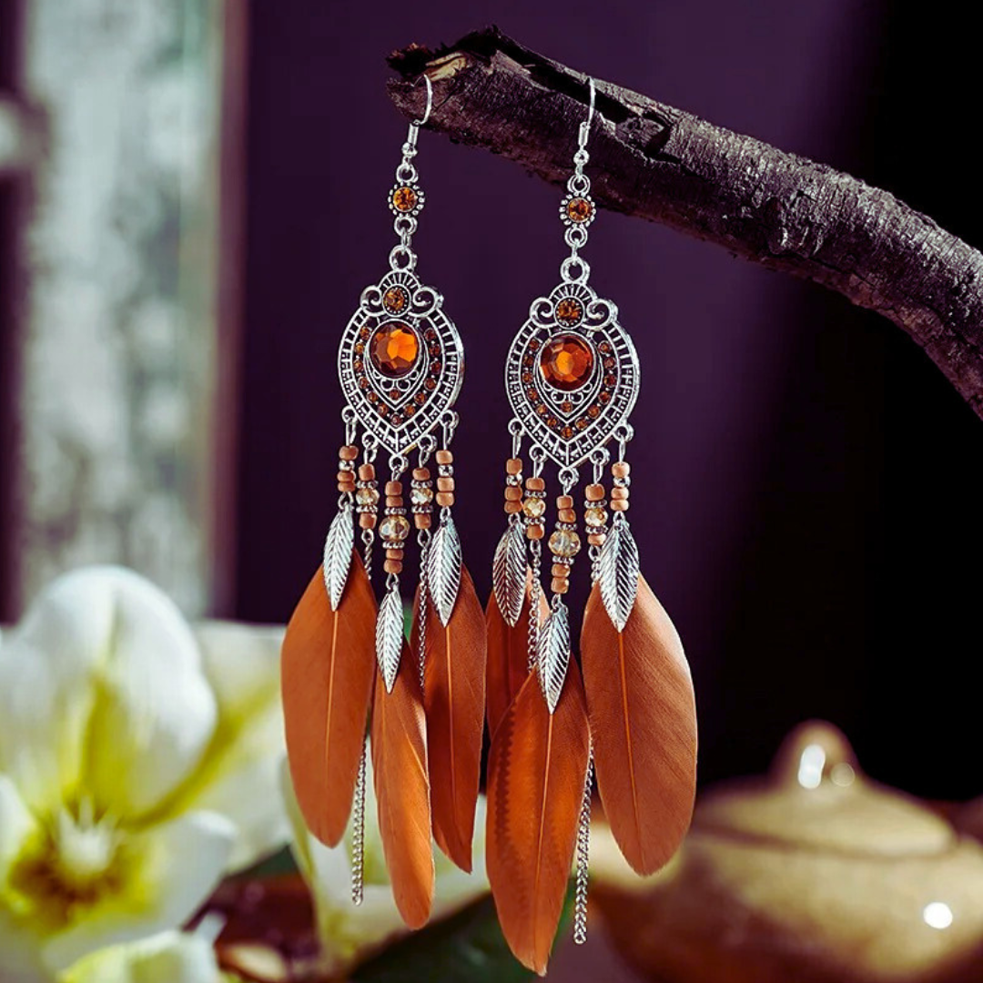 Boho Feather Long Leaf Earrings