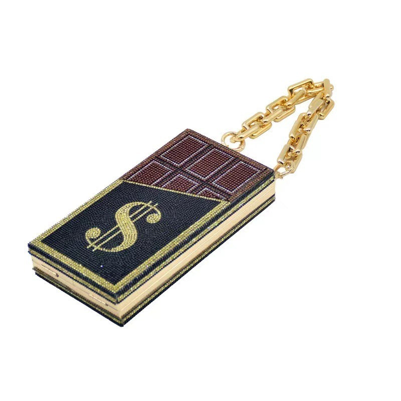 US Dollar Rhinestone Clutch Bag – Full Diamond Crystal Evening Purse with Gold Chain, Luxury Bling Dinner Bag