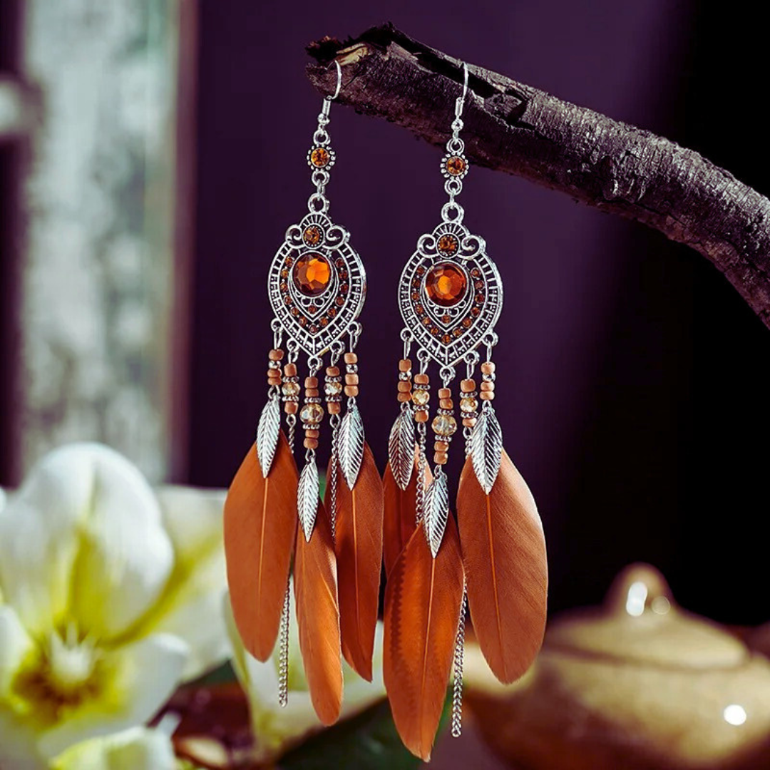 Boho Feather Long Leaf Earrings