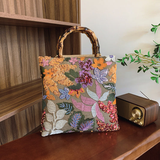 Vintage Embroidered Bamboo Handbag – Colorful Sequin Cotton Linen Tote with Floral Lace Design