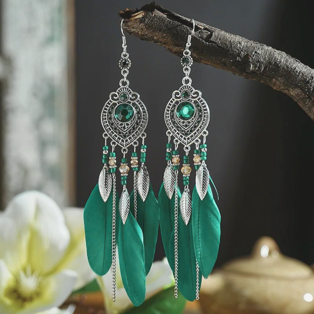 Boho Feather Long Leaf Earrings