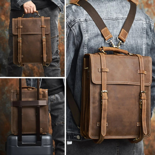 Genuine Leather Vintage Men's Backpack Crossbody Shoulder Bag with Laptop Pouch