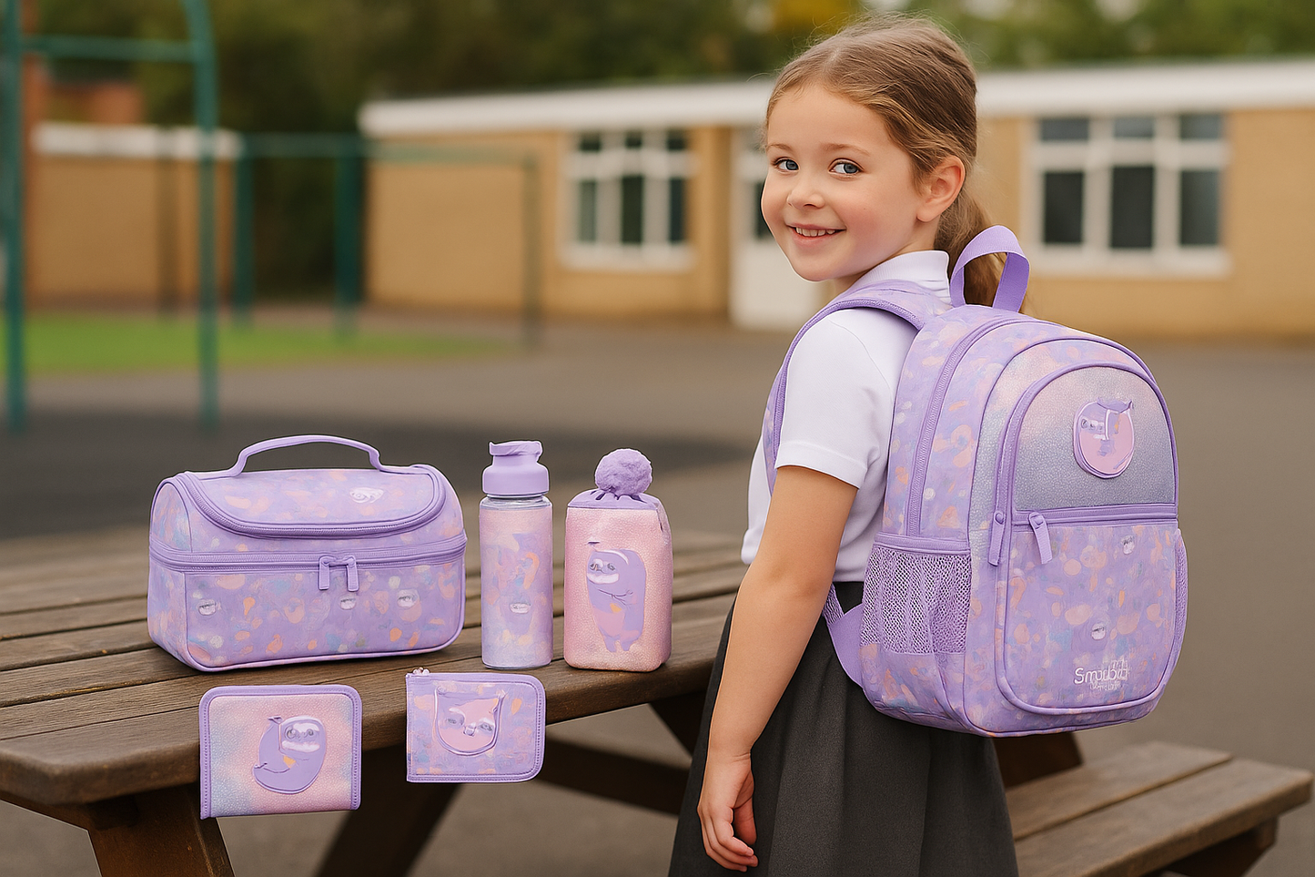 Sleepy Sloth Cartoon Backpack Set – Smiggle-Style Large School Bag with Lunch Bag, Pencil Case, Water Bottle & More for Kids