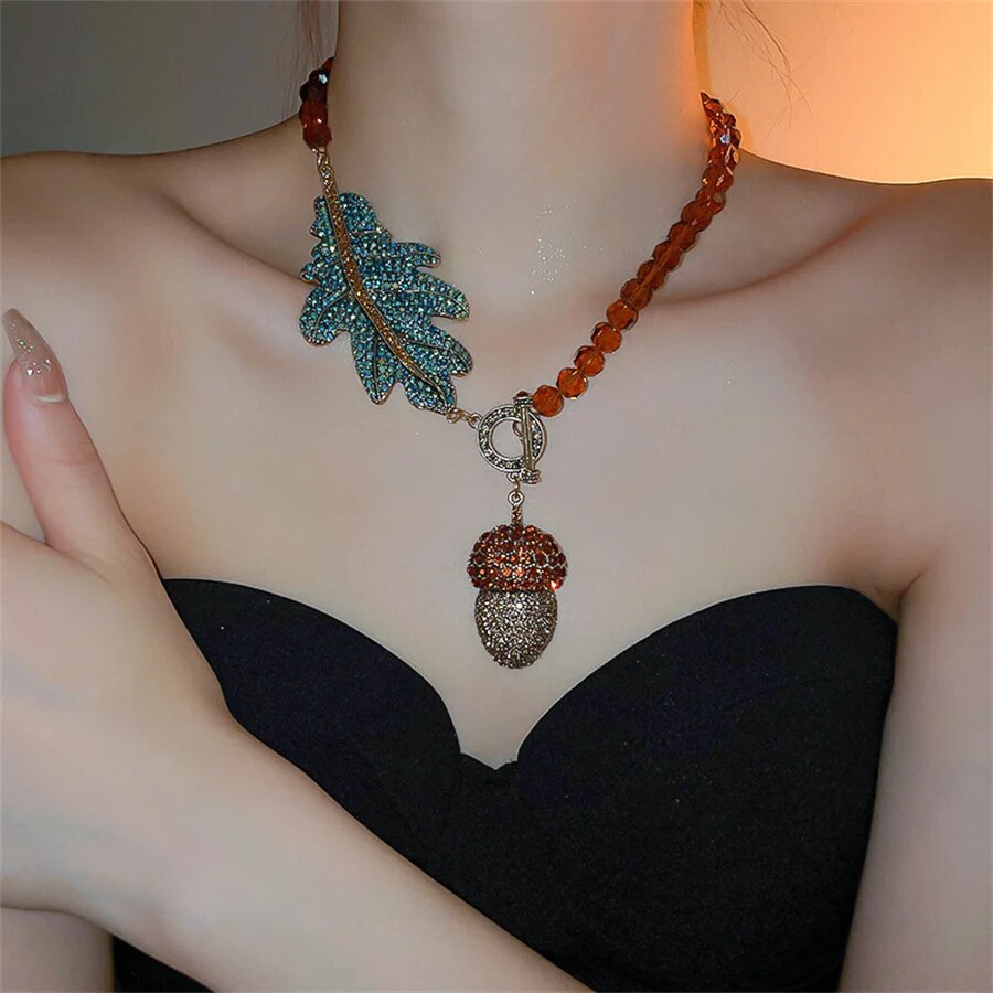 Vintage Leaf Crystal Necklaces with Earing