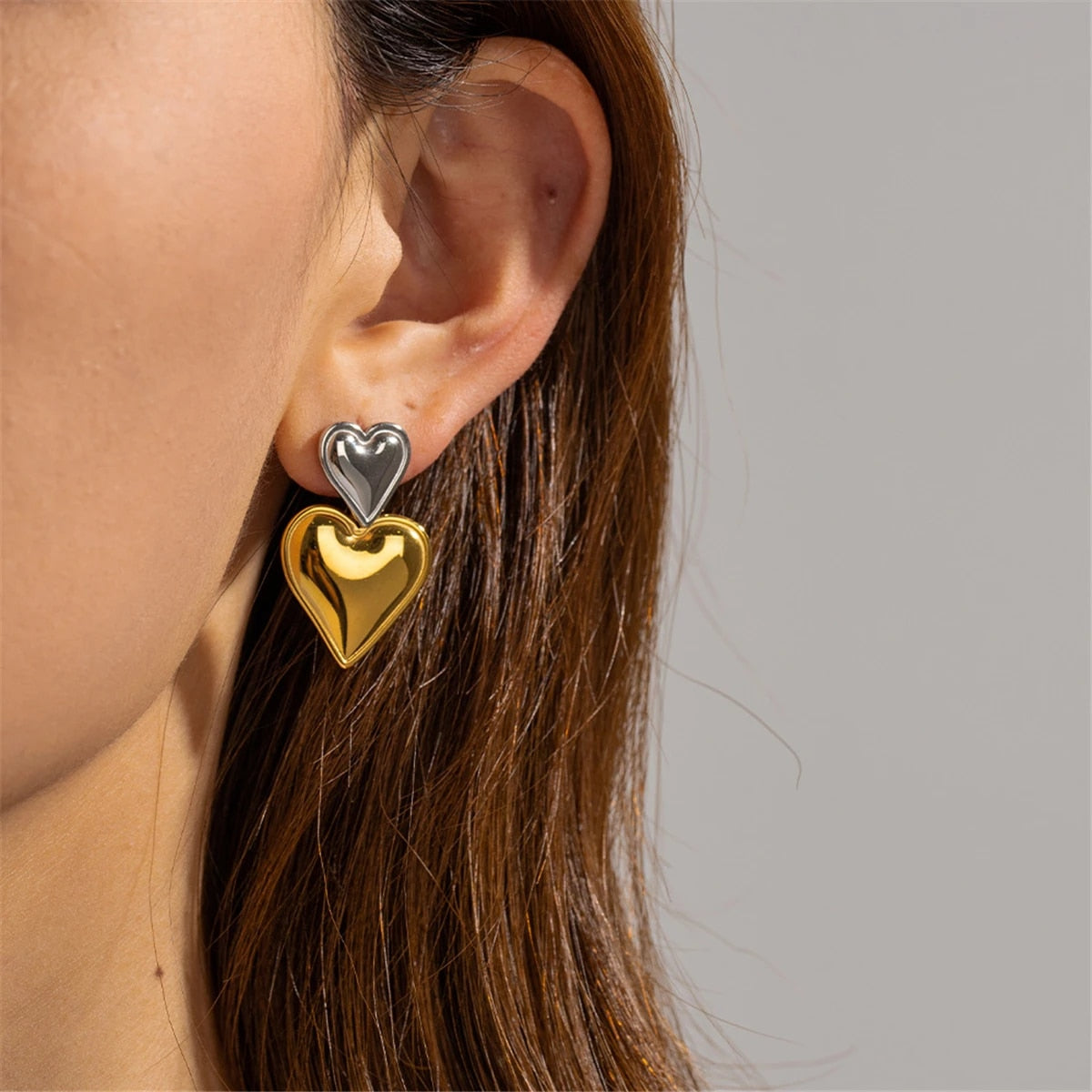 18K Gold Plated Stainless Steel Double Heart Drop Earrings