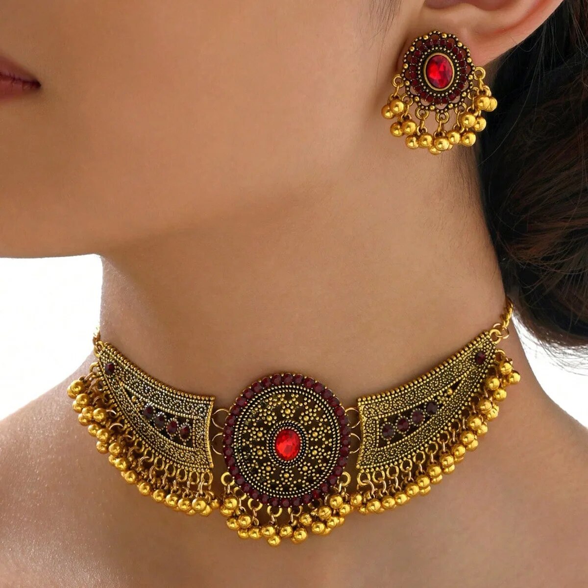 Ethnic Style Rhinestone Wedding Party Necklace & Earrings Set