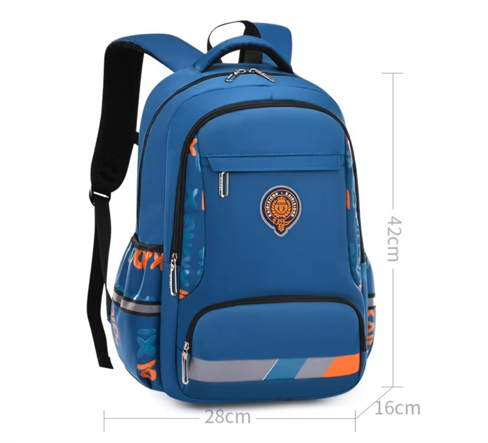 Blue backpack with measurements on a white background