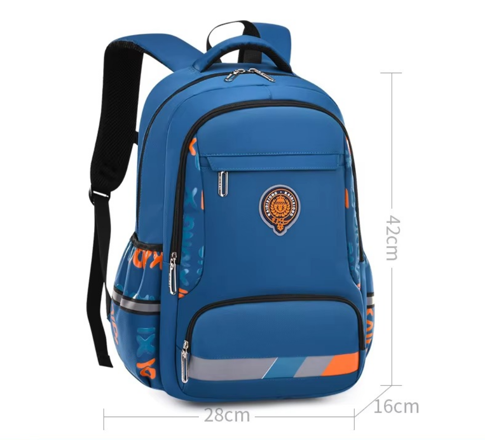 Blue backpack with measurements on a white background