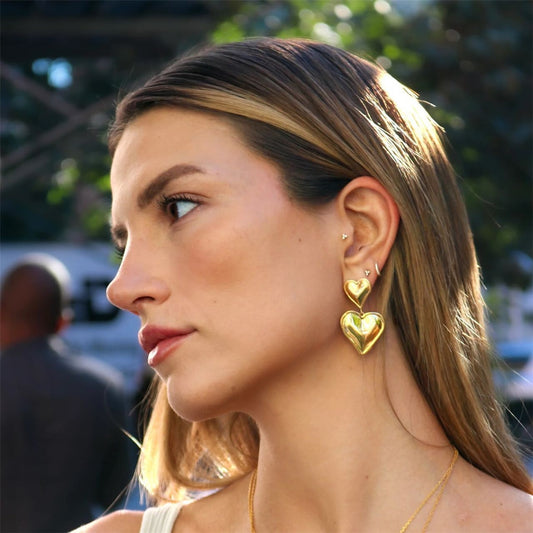 18K Gold Plated Stainless Steel Double Heart Drop Earrings
