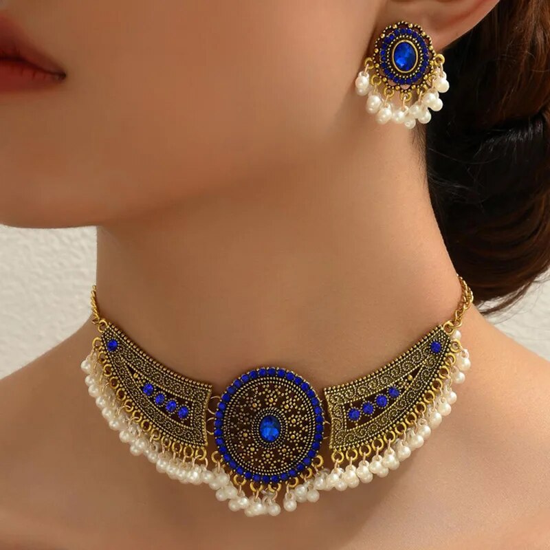 Ethnic Style Rhinestone Wedding Party Necklace & Earrings Set