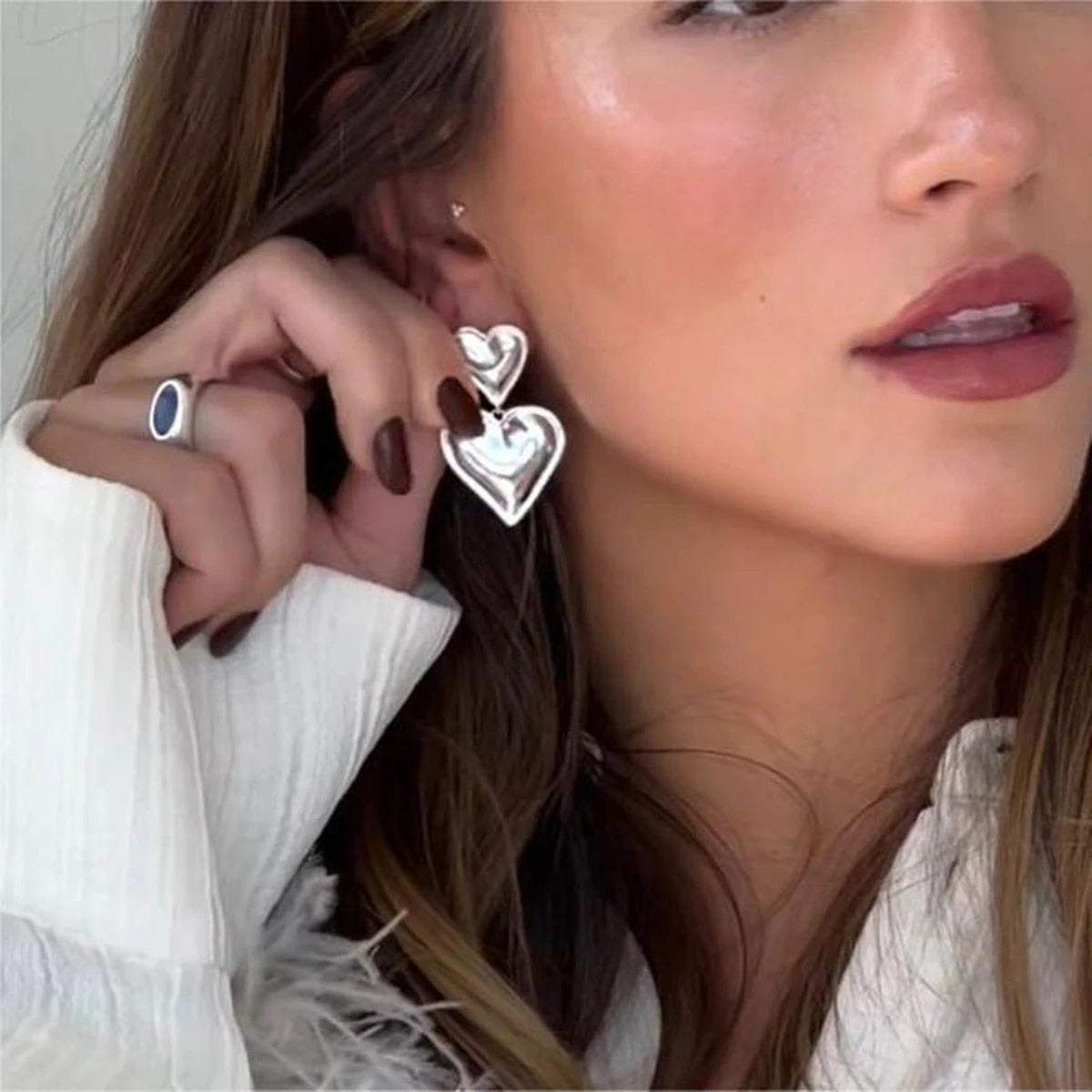 18K Gold Plated Stainless Steel Double Heart Drop Earrings