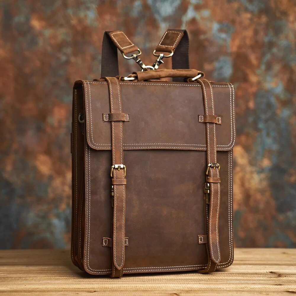 Genuine Leather Vintage Men's Backpack Crossbody Shoulder Bag with Laptop Pouch