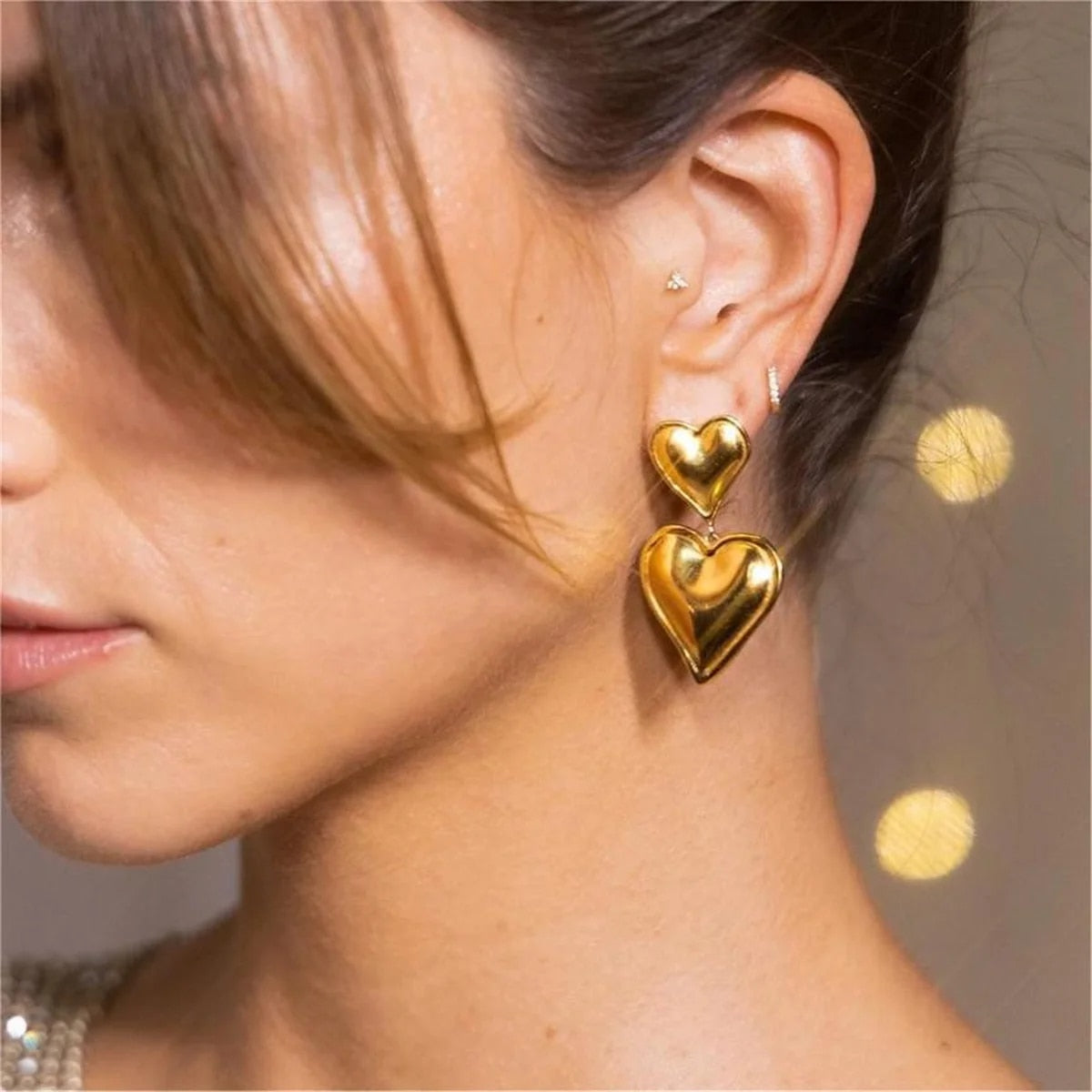 18K Gold Plated Stainless Steel Double Heart Drop Earrings