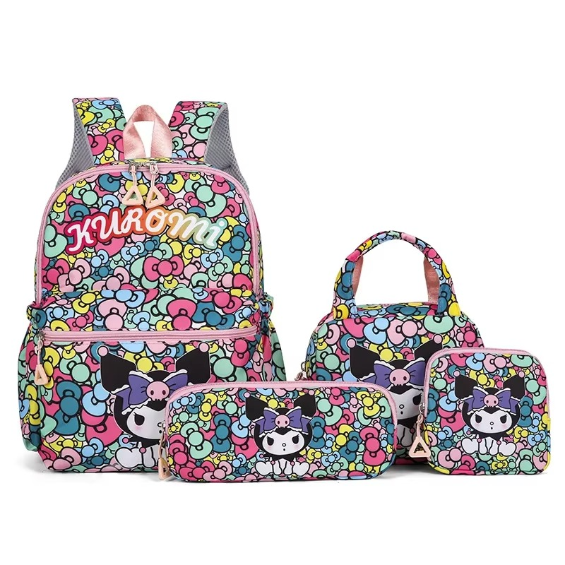 4PCS Kuromi Hello Kitty Sanrio School Bag Set – Backpack, Shoulder Bag, Pencil Case & Wallet for Girls