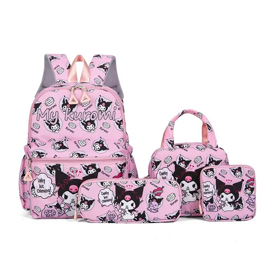 4PCS Kuromi Hello Kitty Sanrio School Bag Set – Backpack, Shoulder Bag, Pencil Case & Wallet for Girls