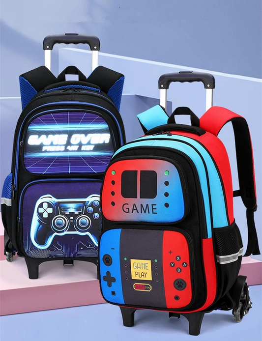 Gaming Console Kids Rolling Trolly Backpack with Lunch Bag – Wheeled School Trolley Bag for Boys