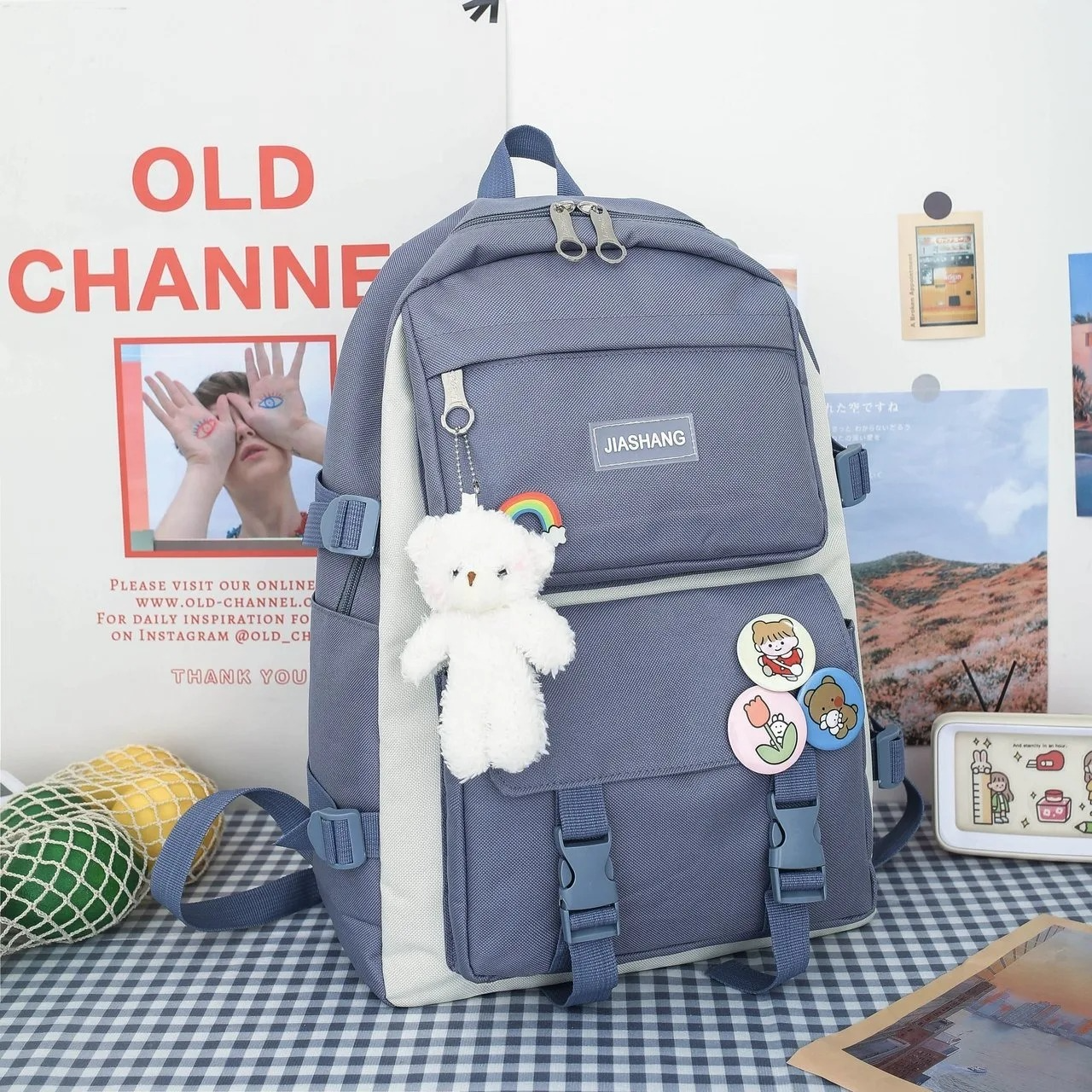 4-Piece Korean Style Canvas Backpack Set for Women – Large Capacity School Bag with Shoulder Bag, Pouch & Tote