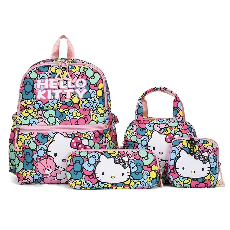 4PCS Kuromi Hello Kitty Sanrio School Bag Set – Backpack, Shoulder Bag, Pencil Case & Wallet for Girls