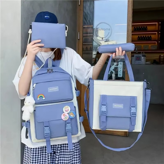 4-Piece Korean Style Canvas Backpack Set for Women – Large Capacity School Bag with Shoulder Bag, Pouch & Tote