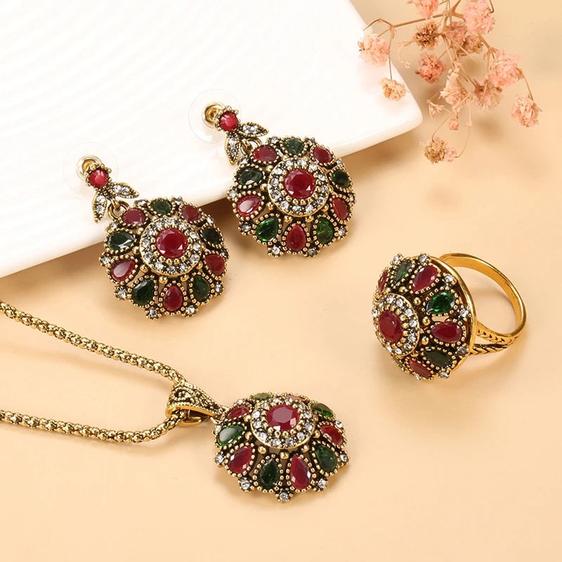 4 Pcs Hot Ethnic Bride Crystal Flower Necklace , Earring & Ring Jewelry Sets