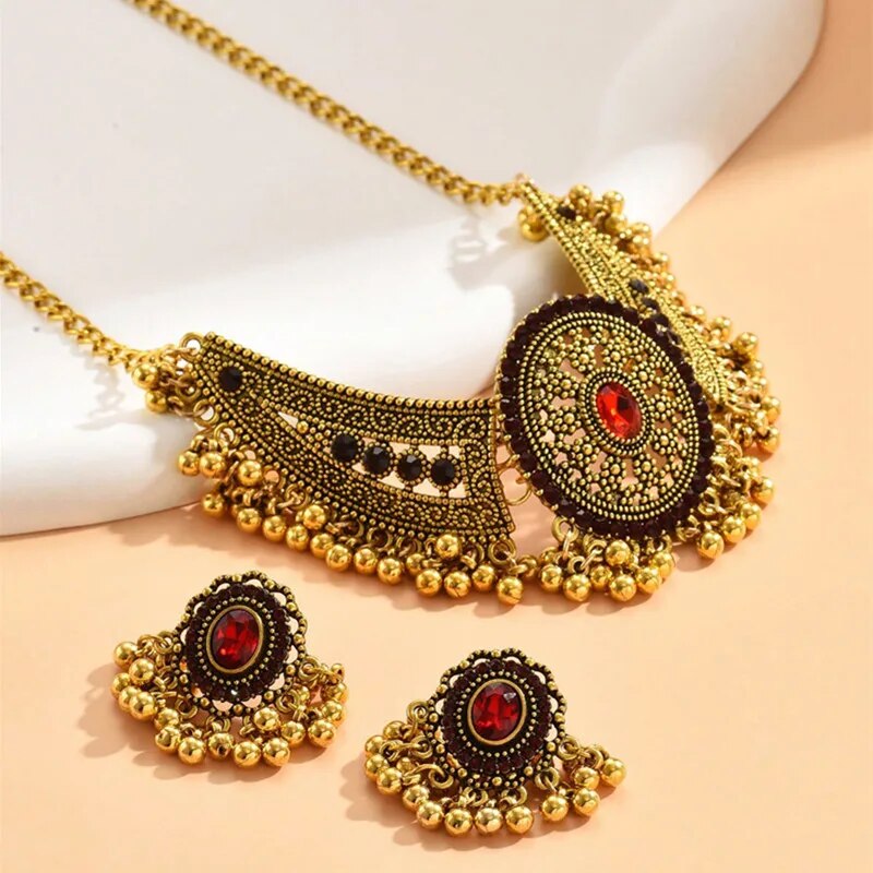 Ethnic Style Rhinestone Wedding Party Necklace & Earrings Set