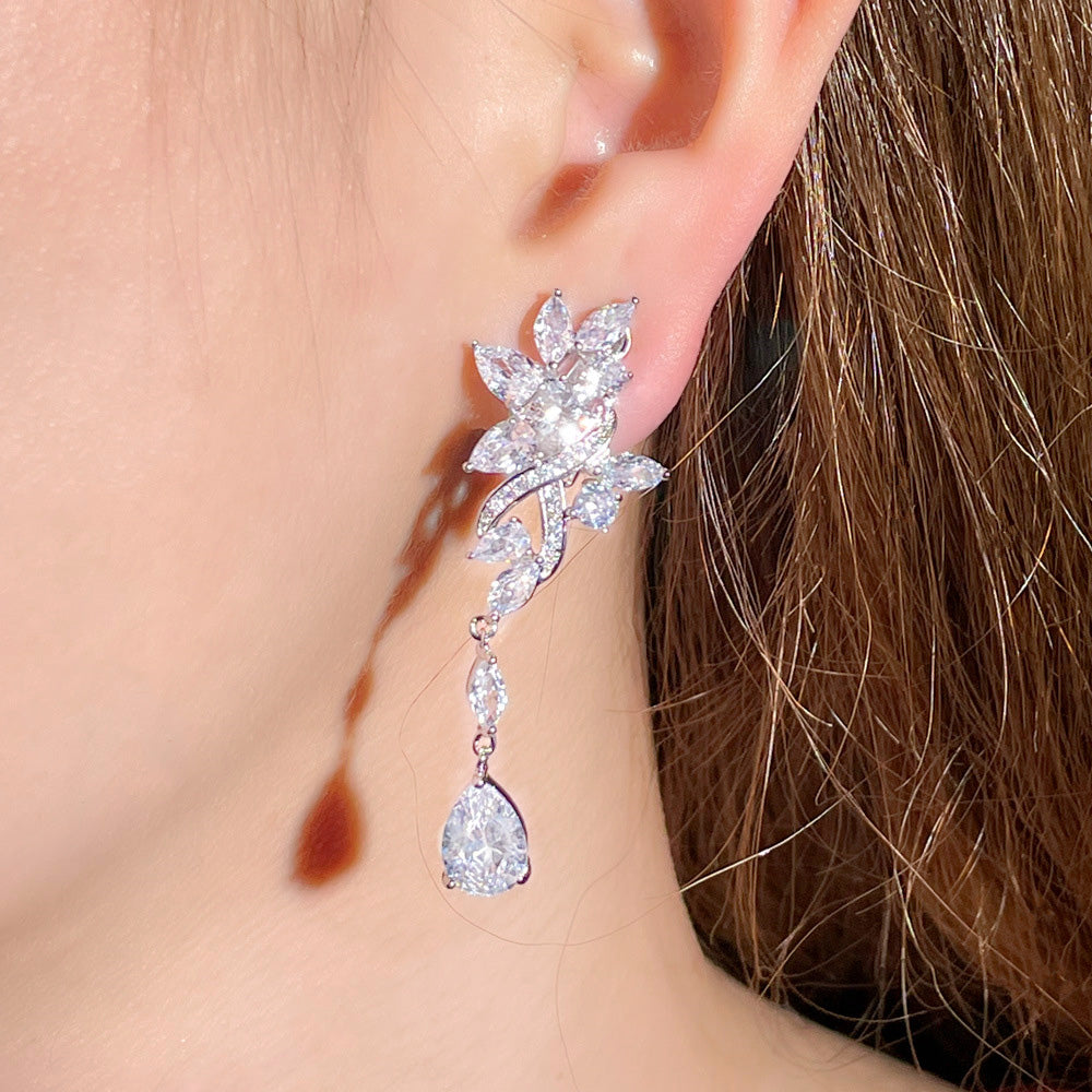 Zircon Flower Drop Clip On Earrings