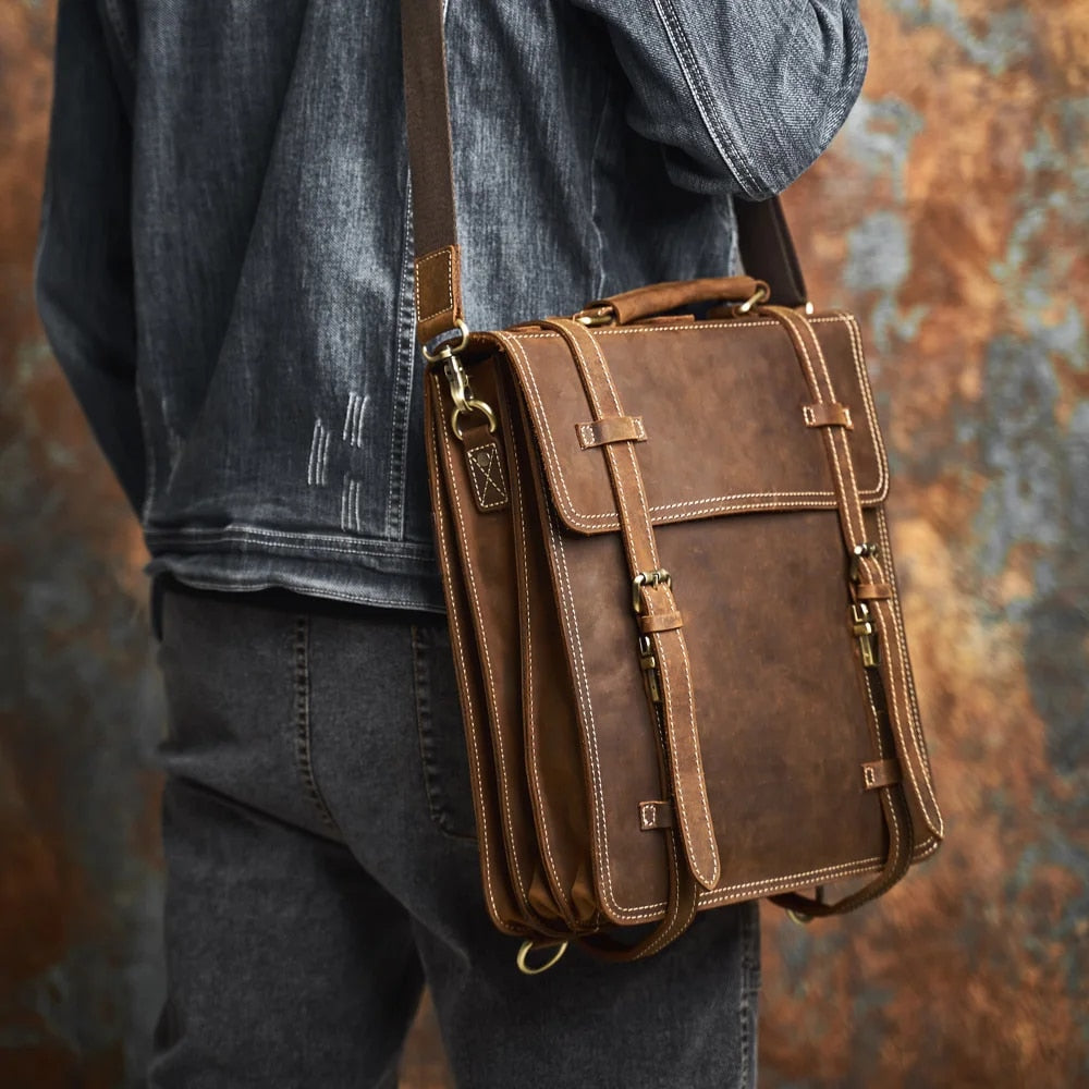 Genuine Leather Vintage Men's Backpack Crossbody Shoulder Bag with Laptop Pouch