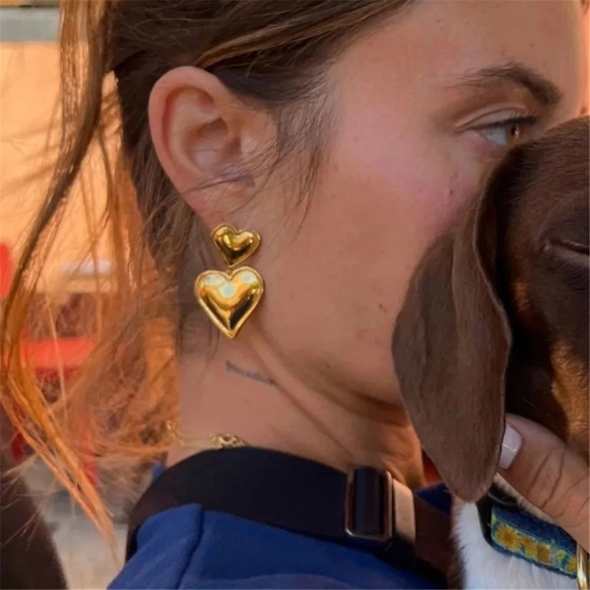 18K Gold Plated Stainless Steel Double Heart Drop Earrings