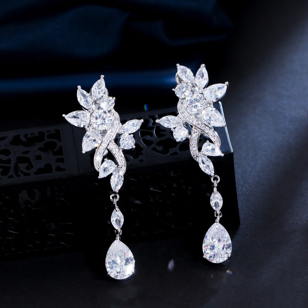 Zircon Flower Drop Clip On Earrings