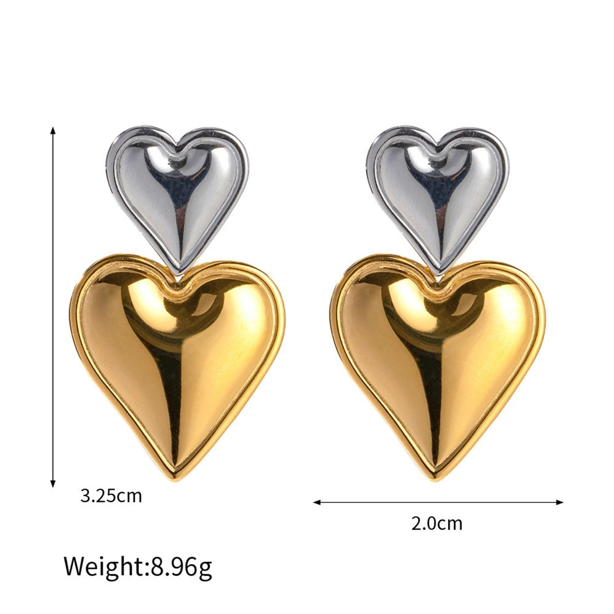 18K Gold Plated Stainless Steel Double Heart Drop Earrings