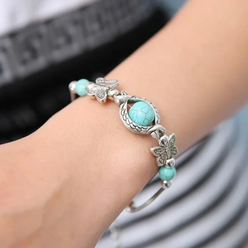 Butterfly Bracelet Carved Pattern Turquoise Hand Chain