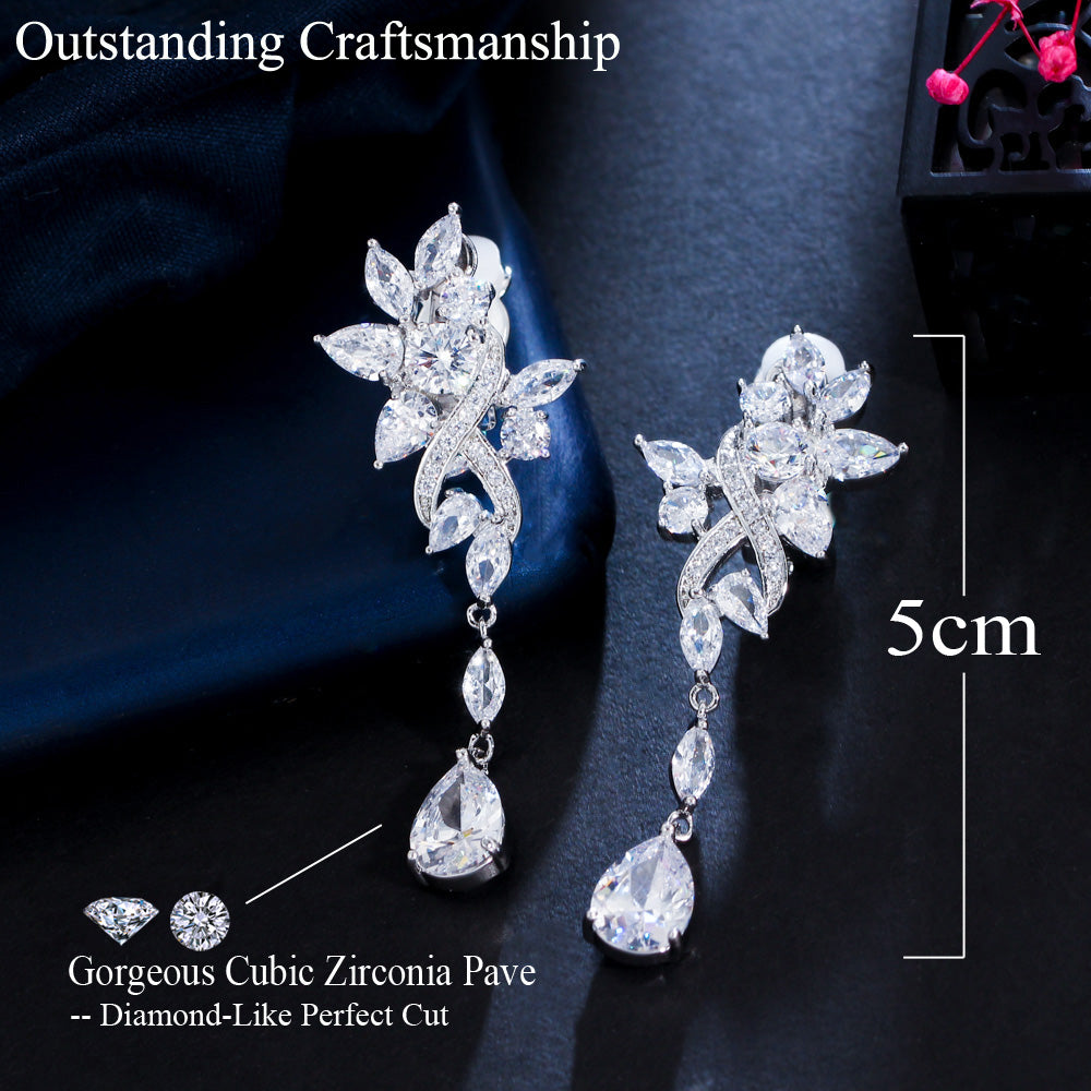 Zircon Flower Drop Clip On Earrings