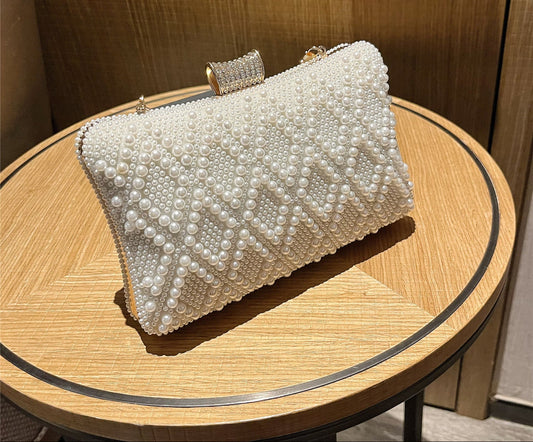 Pearl Beaded Clutch Bag – Elegant Hard Shell Evening Purse for Women, Banquet Wedding Handbag