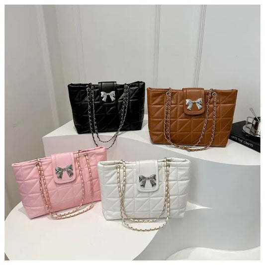 Soft Rhombus PU Chain Tote Bag – Large Capacity Shoulder Handbag for Women