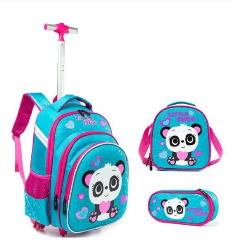 3-Piece Cartoon Trolley Backpack Set for Primary School Kids – Waterproof Rolling School Bag with Lunch Bag & Pencil Case