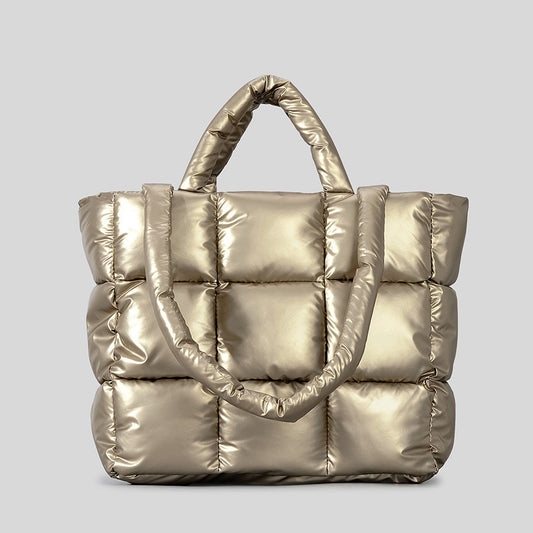 Women's Plaid Down Winter Style Tote Bag – Soft Quilted Crossbody with Wrist Strap