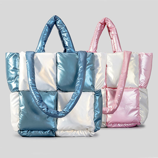 Winter Down Cotton-Padded Tote Bag – Women’s Soft Plaid Shoulder Handbag for Daily Use