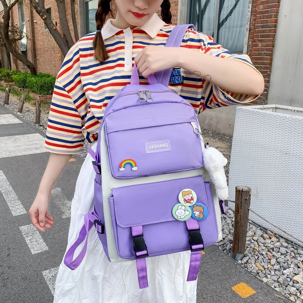 4-Piece Korean Style Canvas Backpack Set for Women – Large Capacity School Bag with Shoulder Bag, Pouch & Tote