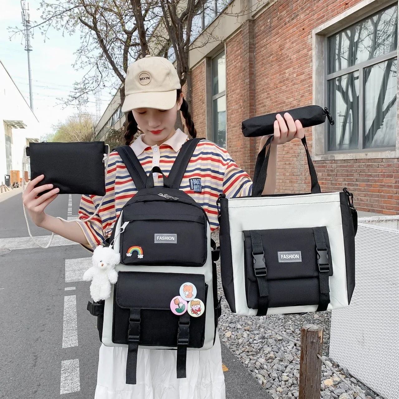 4-Piece Korean Style Canvas Backpack Set for Women – Large Capacity School Bag with Shoulder Bag, Pouch & Tote