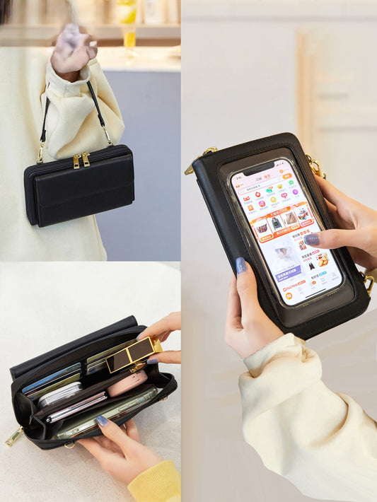 Multi functional Leather Crossbody Shoulder Wallet Bag with Touch Screen Mobile Case