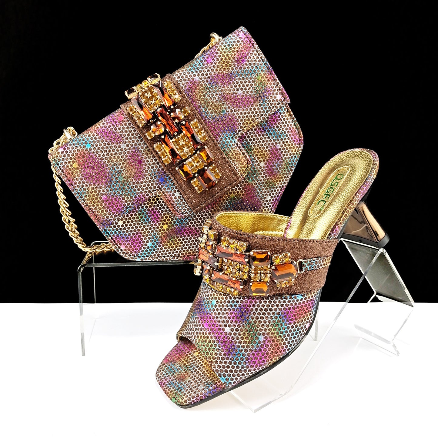 Women’s Camouflage High Heel Slippers and Bag Set – Decorative Drill Buckle Casual Shoe & Handbag Matching Set
