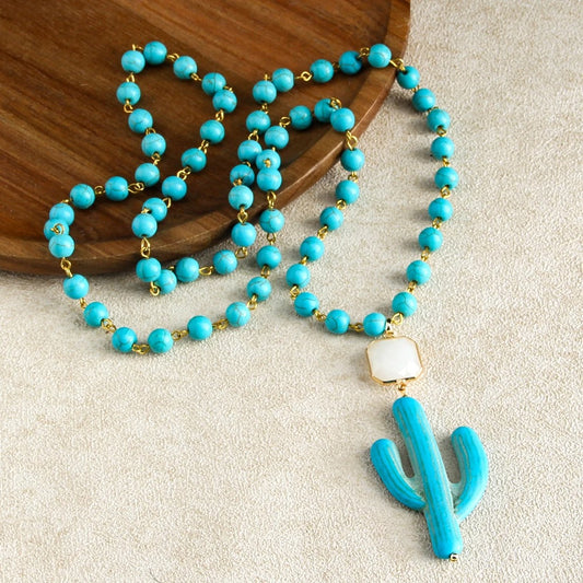 Fashion Knotted Flat White Stone Crystal Link Ethnic Cactus Necklace Bohemian Tribal Jewelry