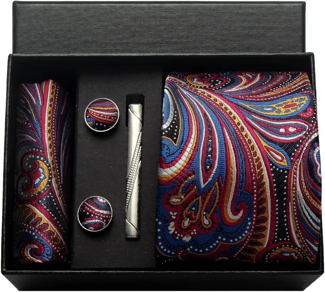 Silk Business Tie Pocket Square Tie Clip Cufflinks Multi-Color Set Classic For Men Gift Box