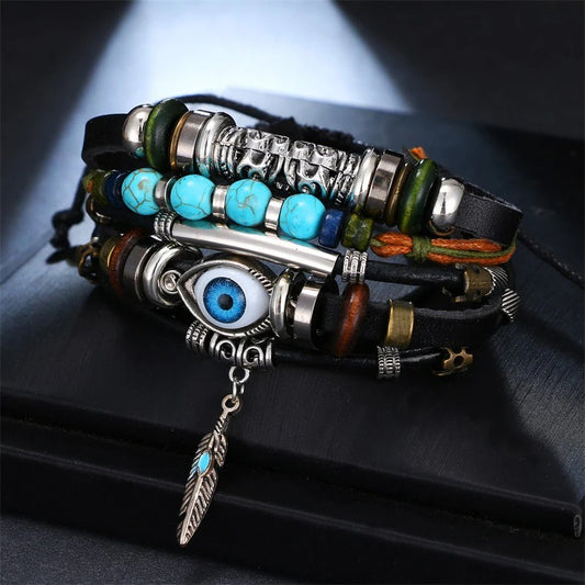 Tibet Stone Evil Eye Multilayer Leather Bracelet